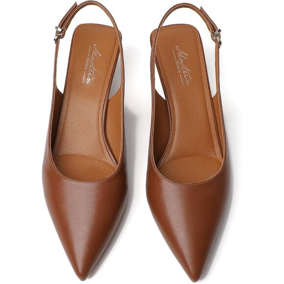 Mostrin Kitten Heels  Brown Pu Faux Leather Low Slingback Heels with Buckle - Picture 8 of 9
